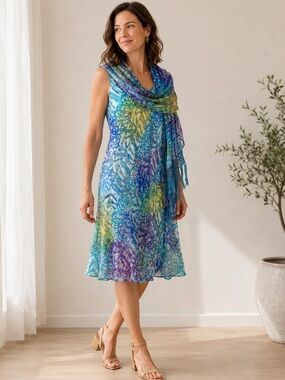 Simply Silk dress set pashmina shale rainbow colours sleeveless fringe small
